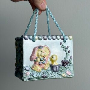 Vintage Easter Basket Decorative Bunny Chicks Eggs Ceramic Glossy Finish